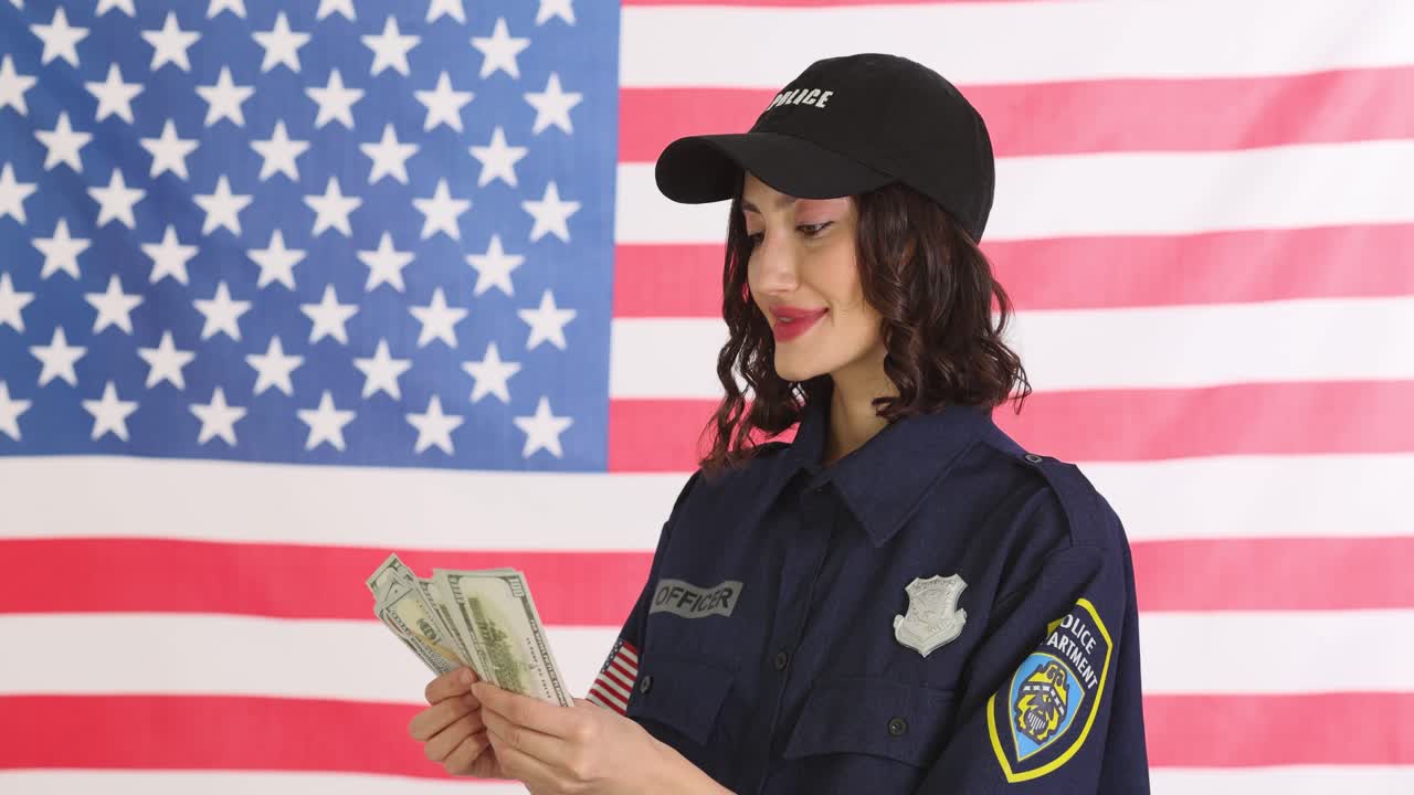 Police officer counting cash in front of an American flag