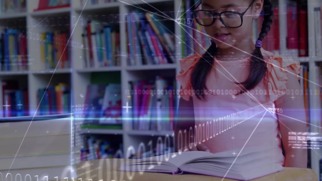 Girl sliding eyeglasses using finger following text while binary code graphics enhancing education