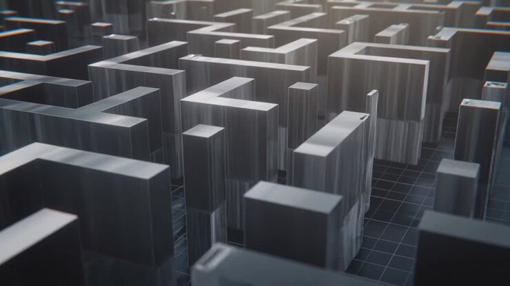 Camera dollying revealing metallic maze extruding into walls on dark floor, with drifting flakes