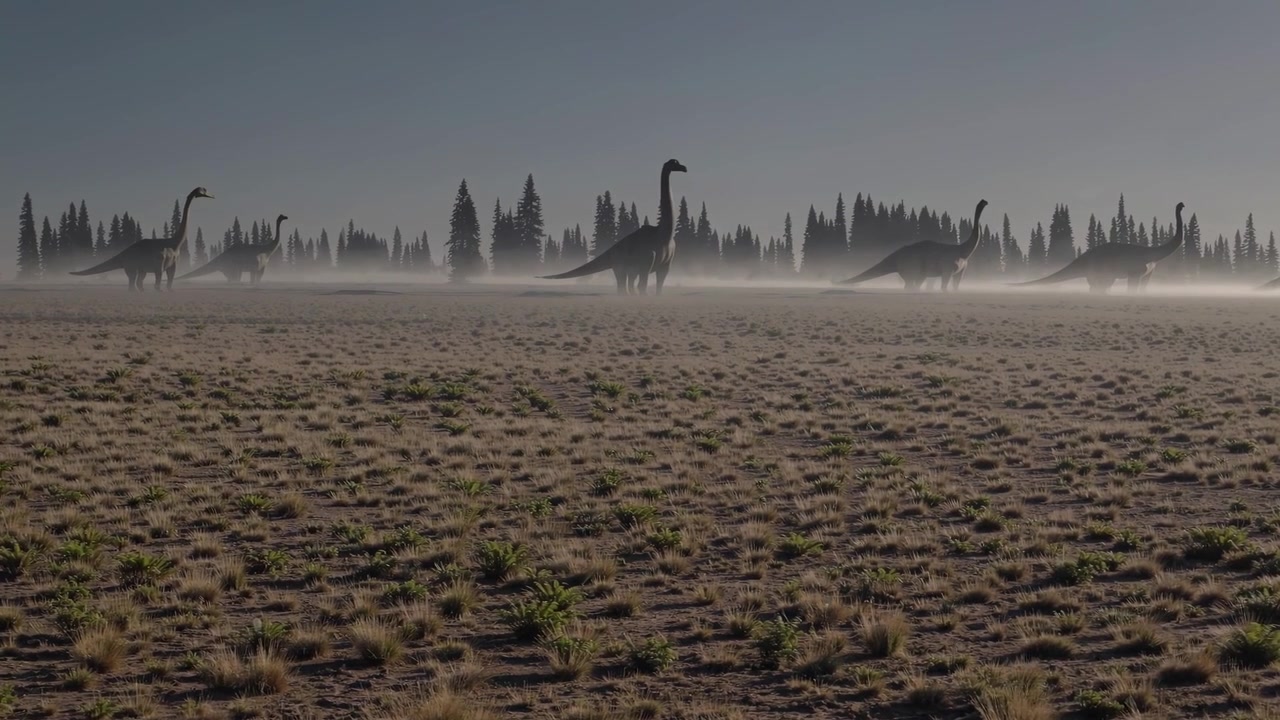 Manada de dinosaurios saurópodos caminando por un paisaje brumoso