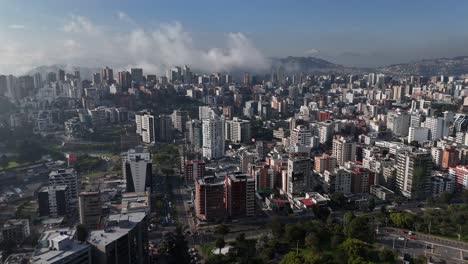 Aerial-drone-video-view-footage-of-Qutio-early-morning-sunrise-capital-city-of-Ecuador-La-Carolina-Park-traffic-Catedral-Metropolitana-de-Quito-south-american-skyline