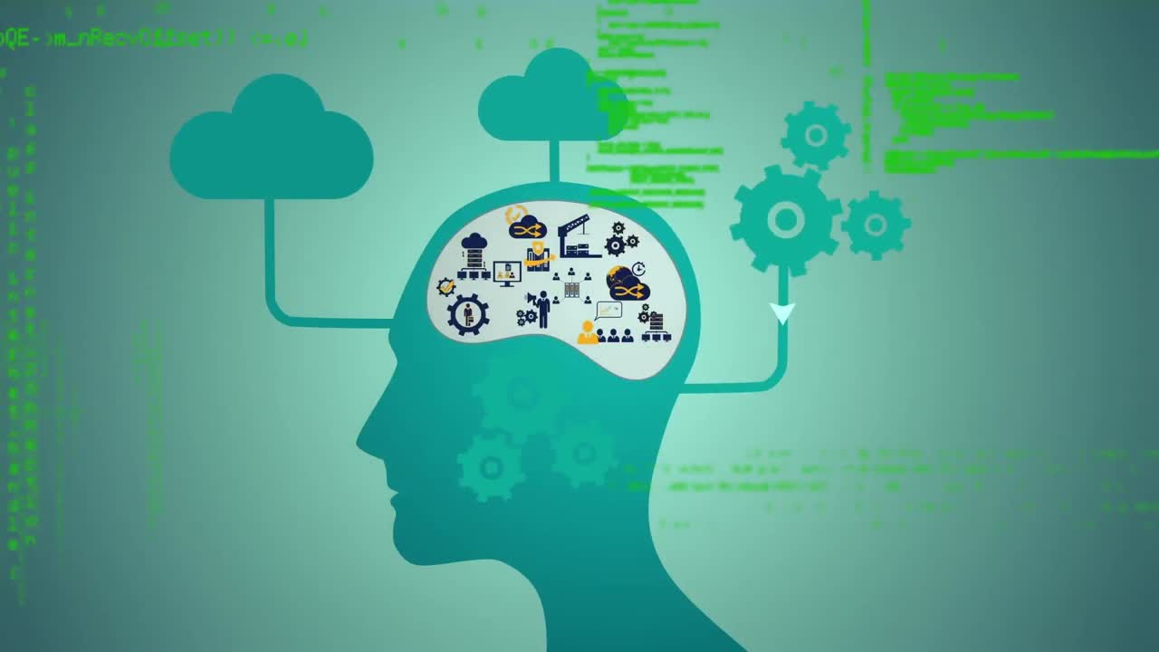 animación de la cabeza humana con iconos digitales, nubes y procesamiento de datos