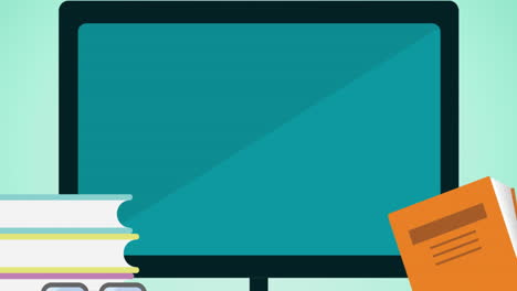 animación de la pantalla de la computadora con espacio de copia e iconos escolares sobre fondo verde