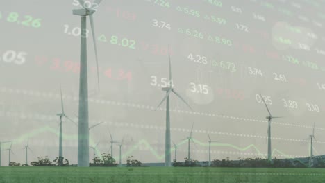 animation of stock market data processing over spinning windmills on grassland against grey sky