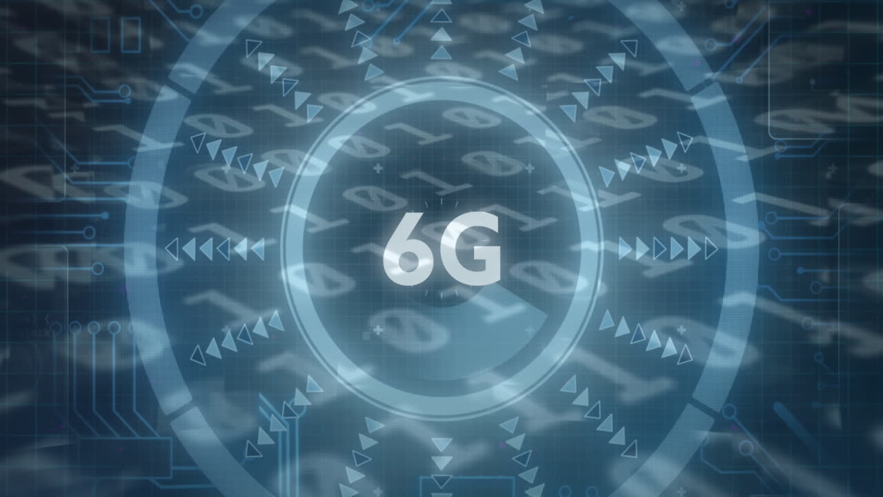 animación de texto de 6g y interfaz brillante y alcance móvil y números binarios en fondo oscuro