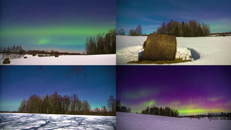 Rural-winter-landscape-with-aurora-borealis-in-sky,-fusion-time-lapse