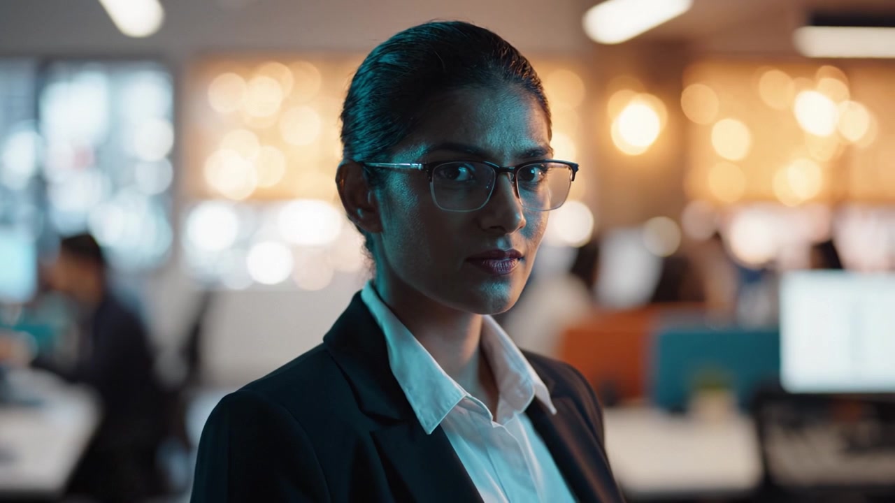Professionista d'affari sicuro di sé in un ambiente d'ufficio moderno con illuminazione ambientale calda, concentrato su leadership e innovazione nell'ambiente lavorativo.