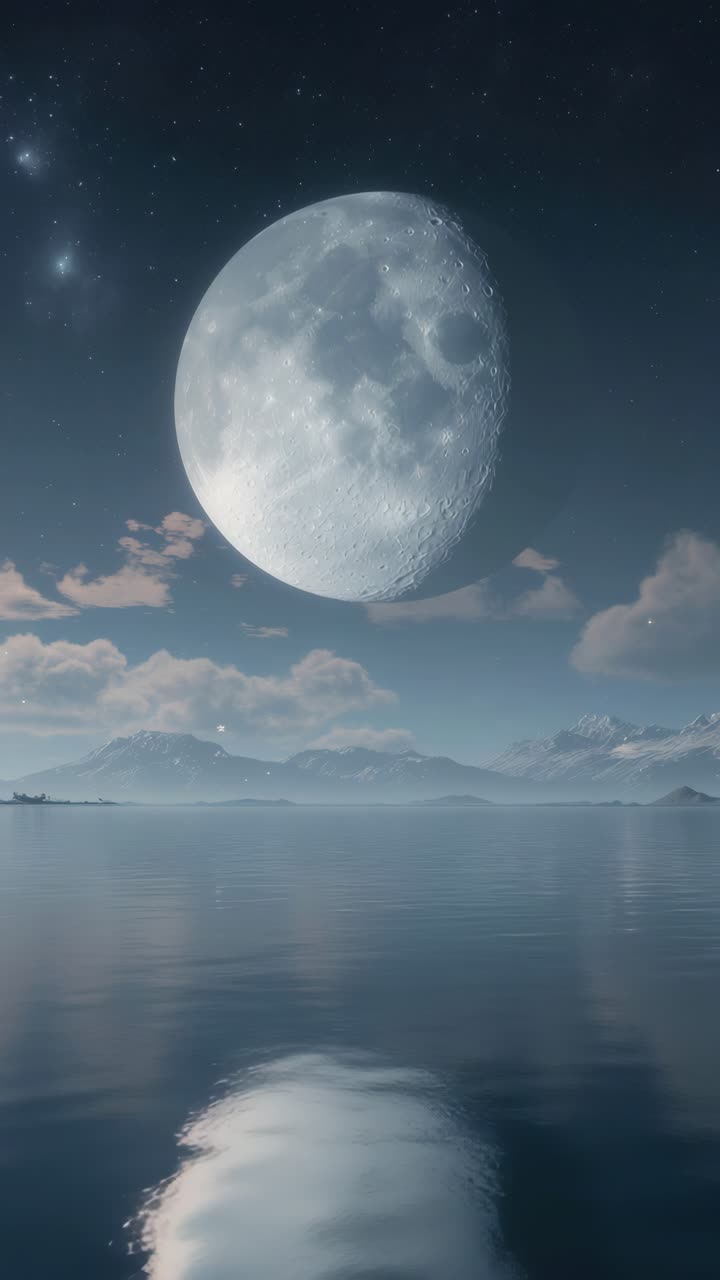 A serene, low-angle video concept of a full moon reflecting on calm waters, surrounded by distant