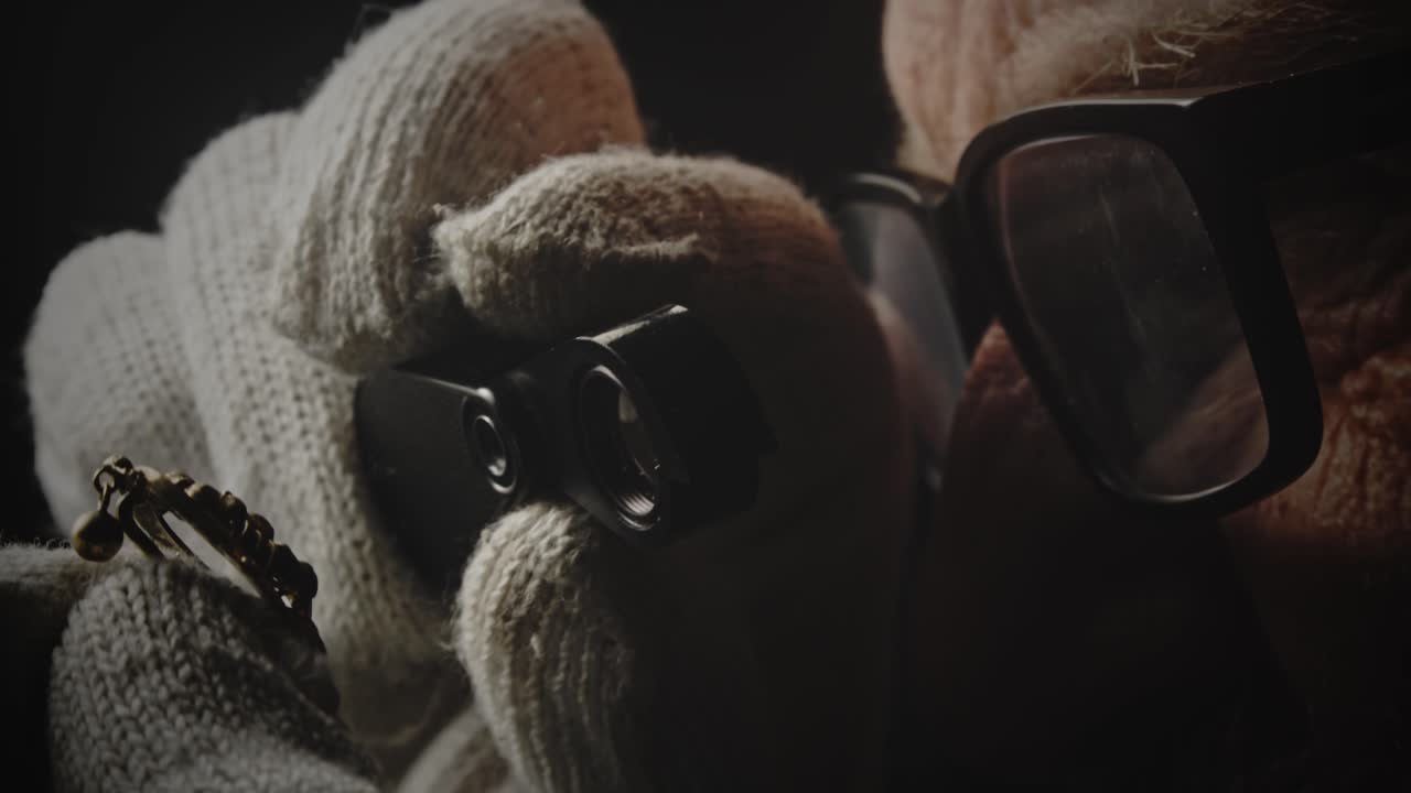 Jeweller examines antique gemstone ring with magnifying loupe CLOSE-UP