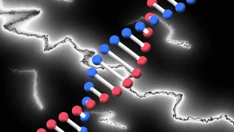 Animation-Eines-DNA-Strangs,-Der-über-Leuchtend-Weißen-Elektrischen-Strömen-Auf-Schwarzem-Hintergrund-Rotiert