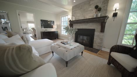 fireplace in a modern home with a white couch and surrounding decorations