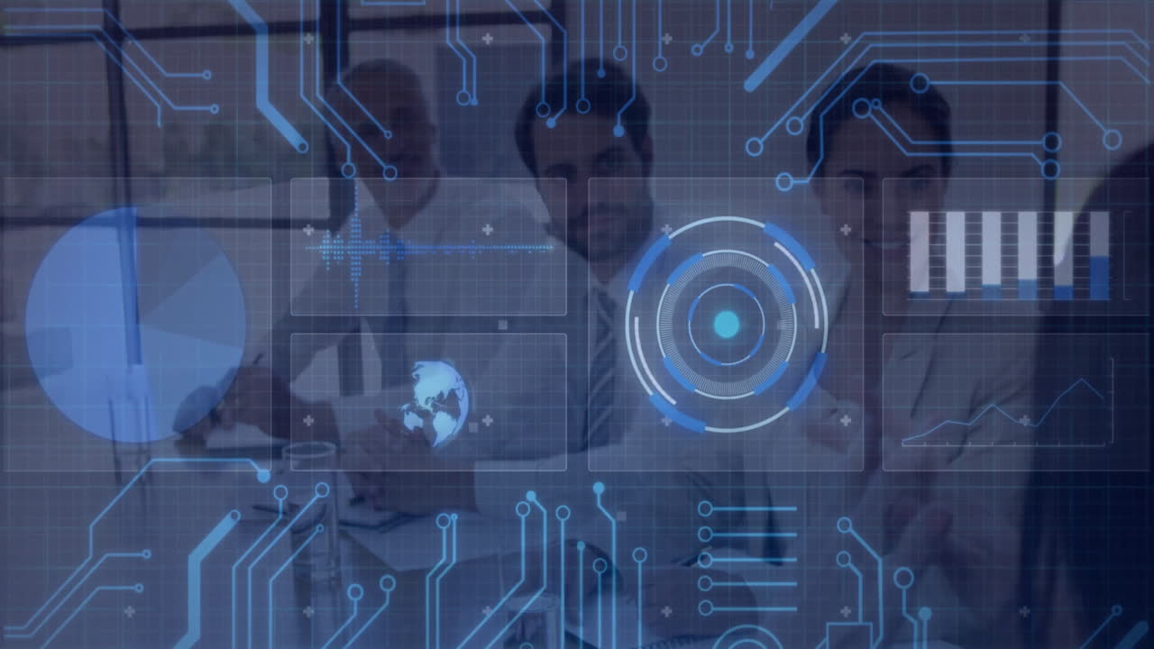 Collaborating in office, business team analyzing digital data with animation overlay