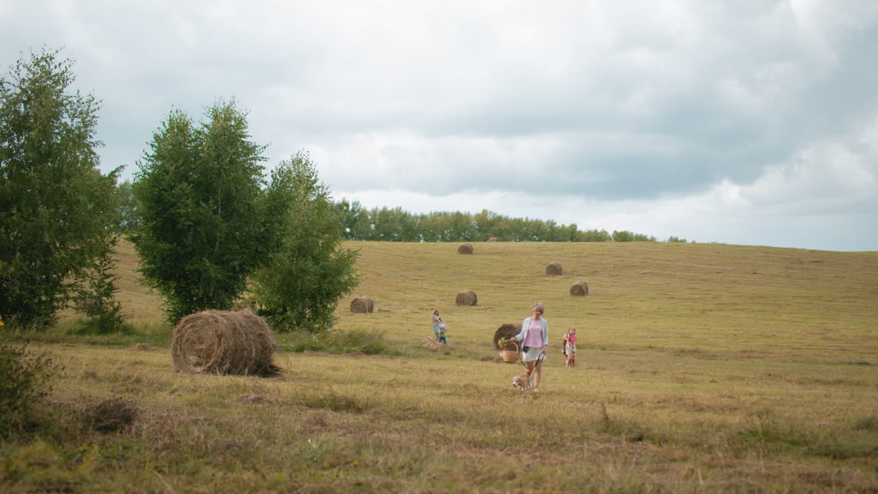 가족이 개와 함께 산책하는 멀리 보이는 광활한 시골 필드, 어져있는 풀, 평화로운 시골 환경, 아이들과 어른들이 구름이 가득한 하늘 아래 야외 시간을 즐기고 있습니다.
