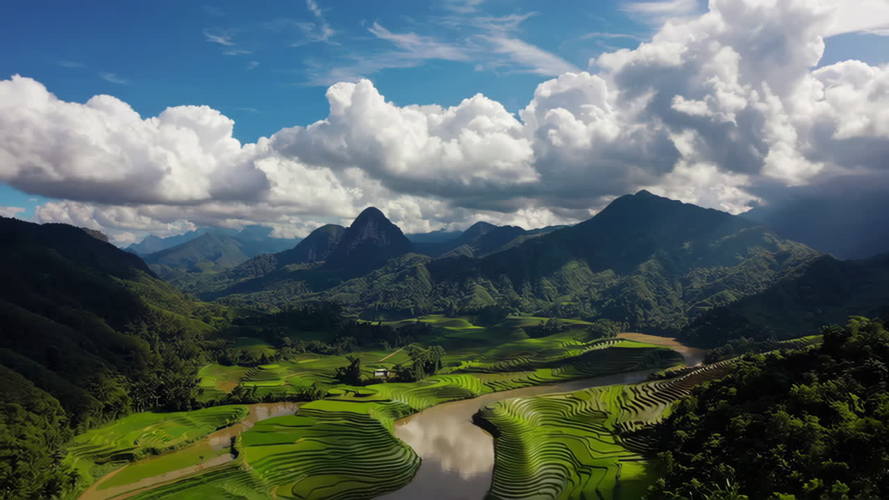 Stunning Aerial View of Rice Terraces and Mountains