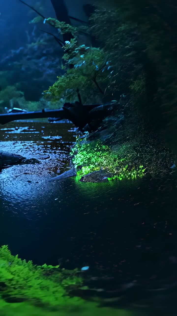 Vertical video: Moving camera revealing shallow forest stream at night, showing pulsing green glow