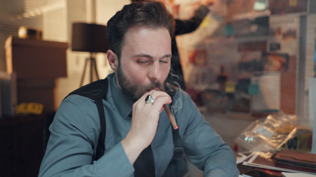 Detective Lighting Cigar at His Desk