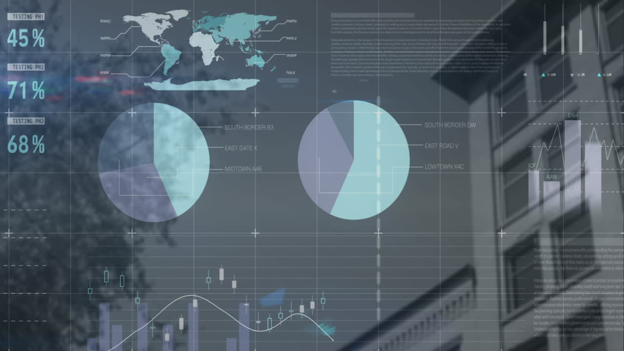 Animation of financial data processing against low angle view of a tall building