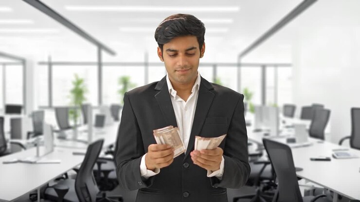 Happy Indian manager counting money in office
