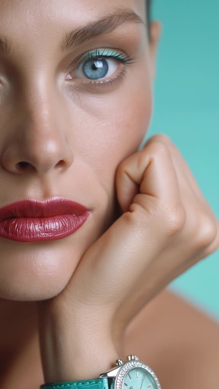 A woman wearing a watch and a red lipstick