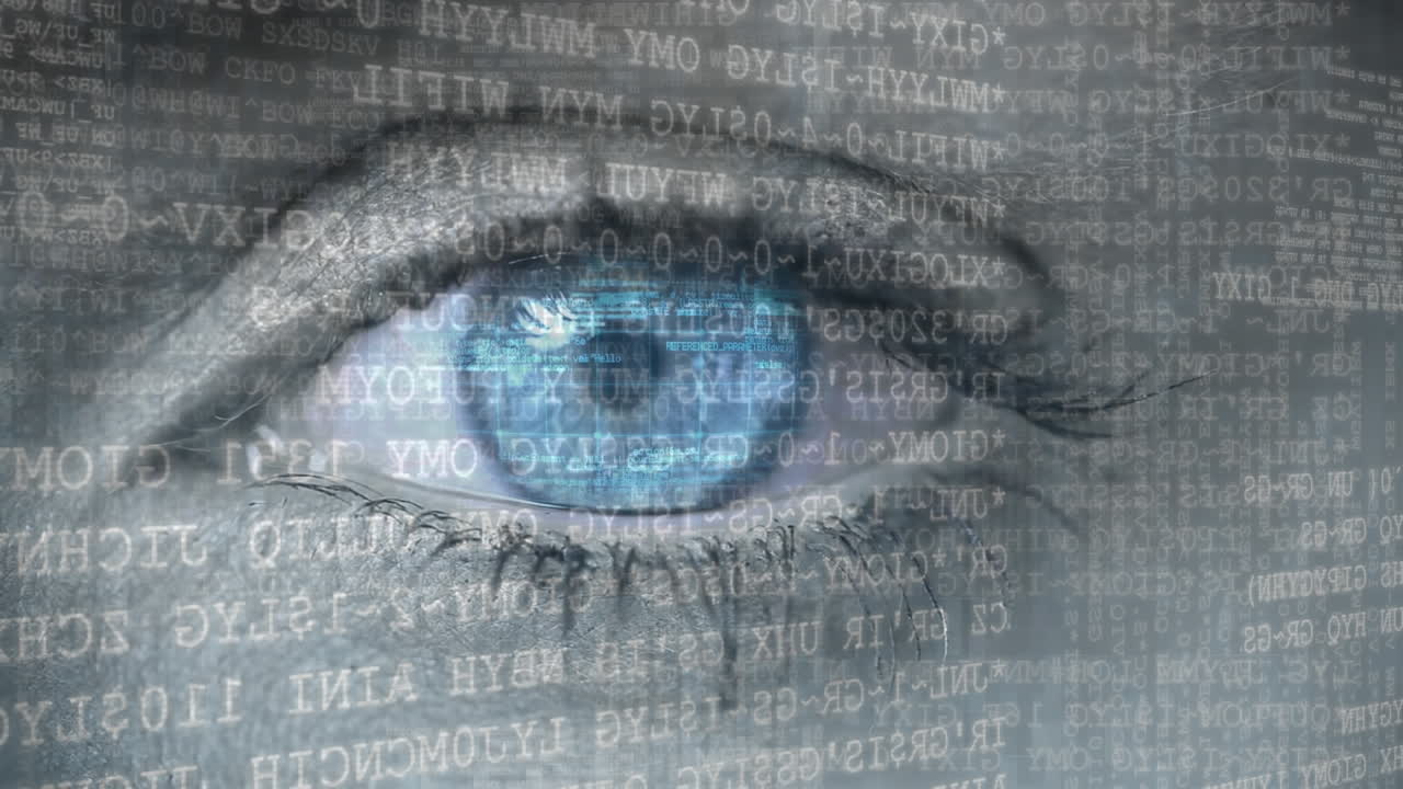 ojos azules que se abren a los códigos binarios