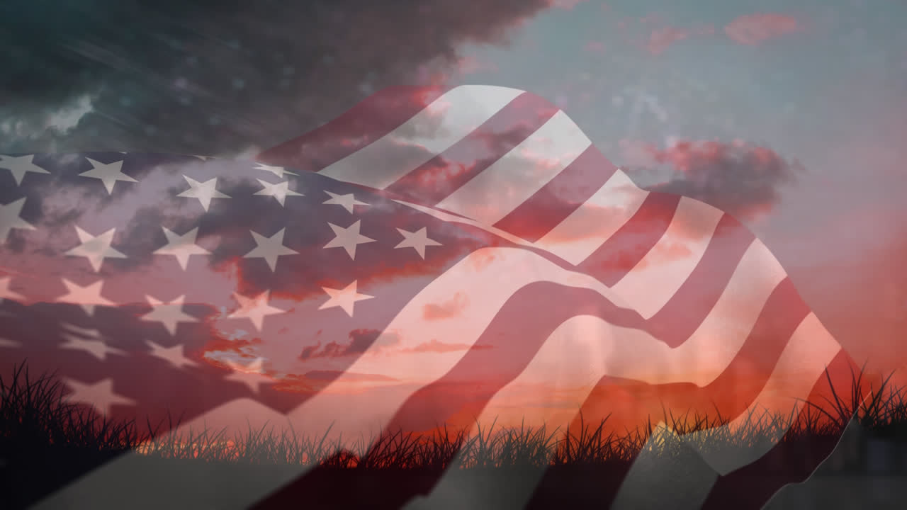 Bandiera americana e cielo con fuochi d'artificio
