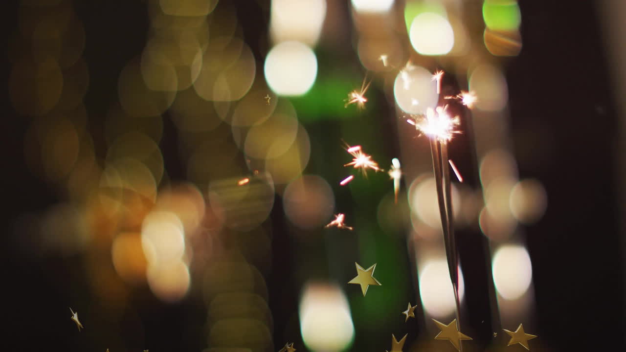 Scintillio luminoso con luci bokeh e animazione di forme a stella sullo sfondo