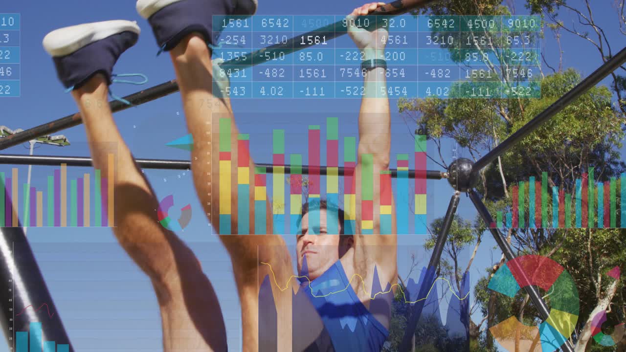 Man gripping horizontal bar and performing toes-to-bar reps for fitness while charts overlaying him