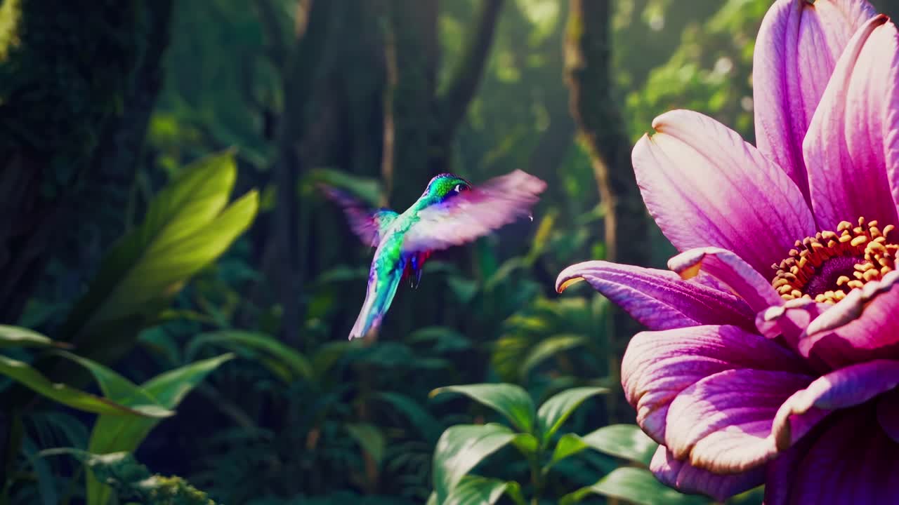 A magical forest scene with vibrant flowers and a colorful bird, captured from a low-angle