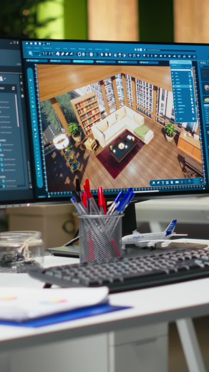 Vertical Video Modern architecture workspace featuring dual monitors with 3D rendering software