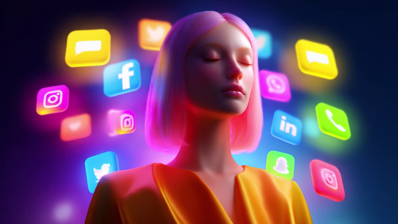 An ethereal figure with pink hair and a serene expression stands illuminated against a backdrop filled with vibrant social media icons, embodying the modern digital experience and the influence of social networks