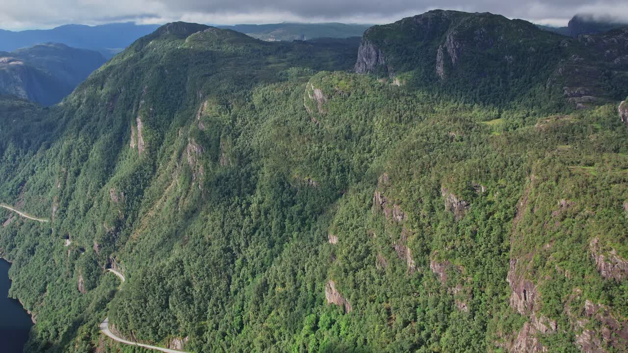 Stunning aerial view of lush mountains and winding roads in Norway