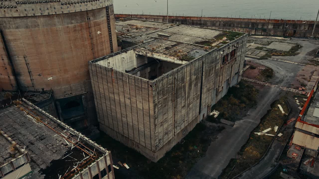 Aerial View of Abandoned Industrial Power Plant by the Sea