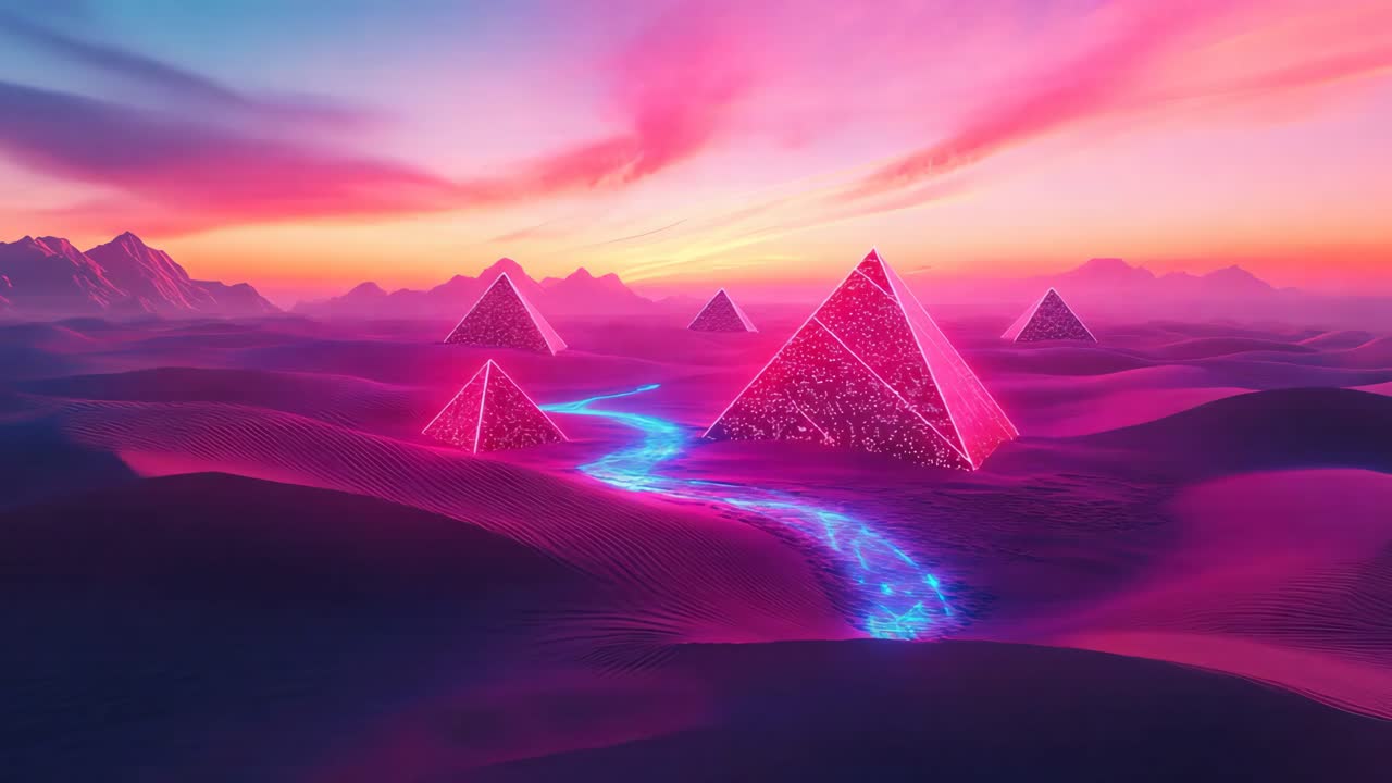 Neon Pyramids in a Pink Desert Sunset