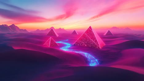 neon pyramids in a pink desert sunset