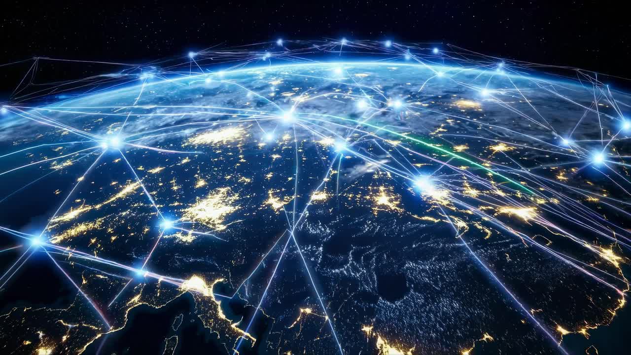 Aerial view of Earth at night with glowing network lines connecting cities, illustrating global