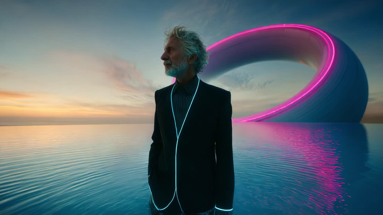 A contemplative figure stands by an endless reflective body of water, gazing towards a surreal, glowing structure in the distance, embodying the essence of tranquility and wonder at twilight