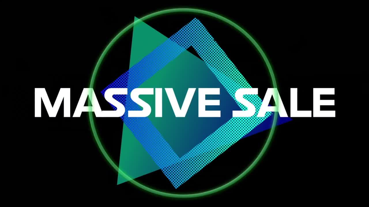 Animation of massive sale text over shapes on black background