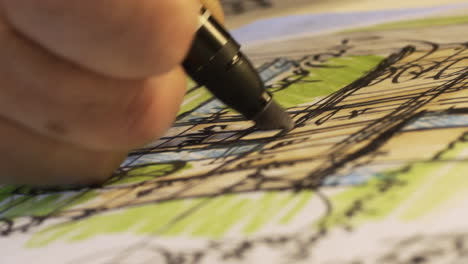 architect engineer sketching blueprint on paper - extreme close up