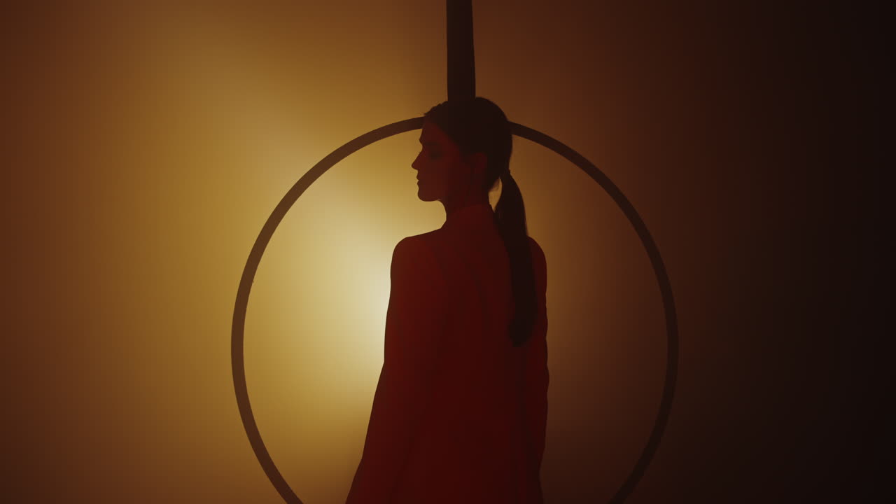 Silhouette of woman in red dress performing aerial hoop