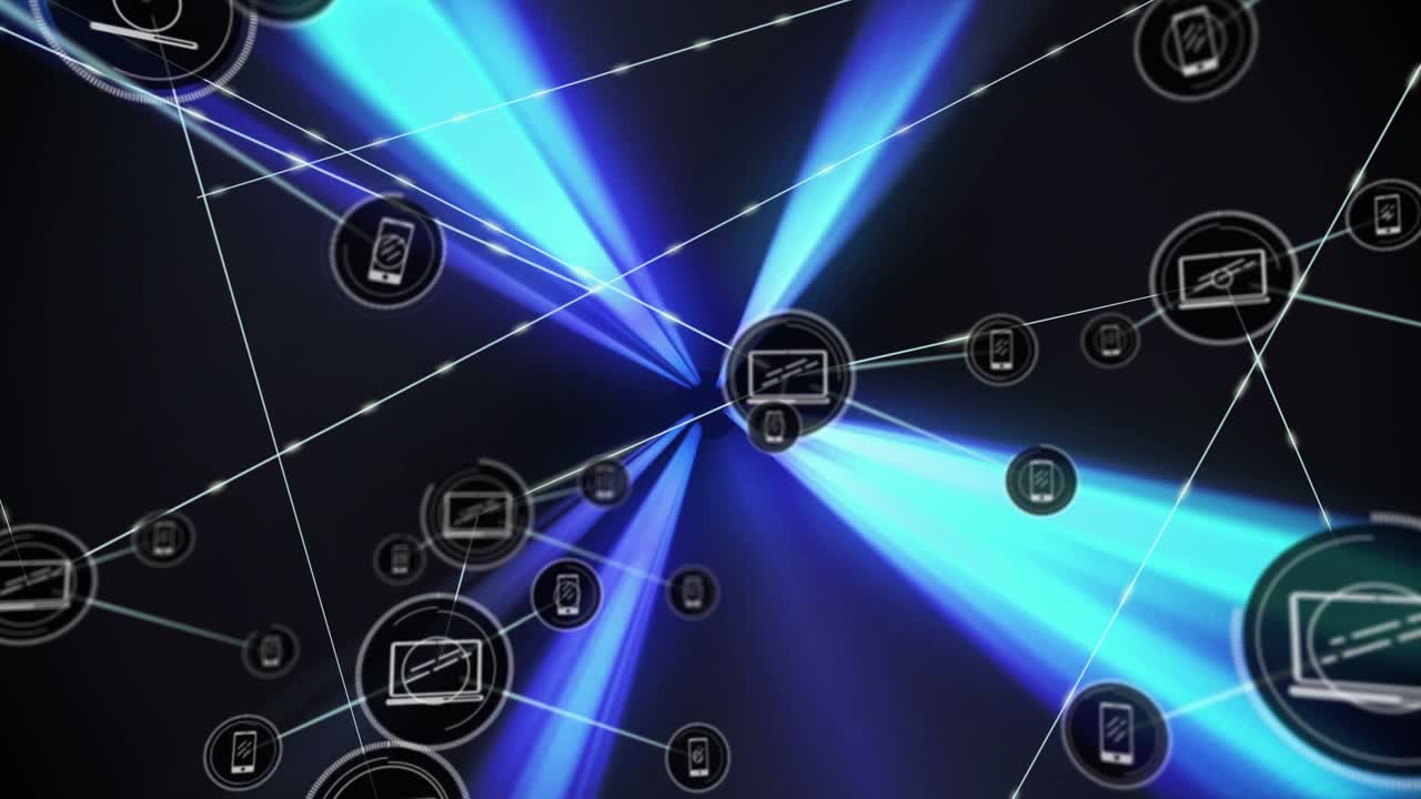 Animation of network of connections with icons over light trails