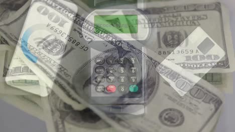 animación de billetes de dólares estadounidenses y terminal de pago