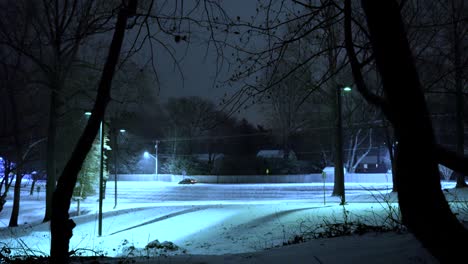 creepy pov from inside of woods at snow covered parking lot at night