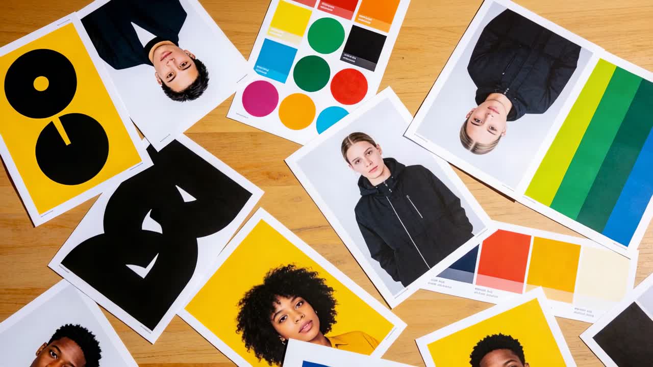 Panning camera from slow framing shift revealing headshots and swatches on wood table for review