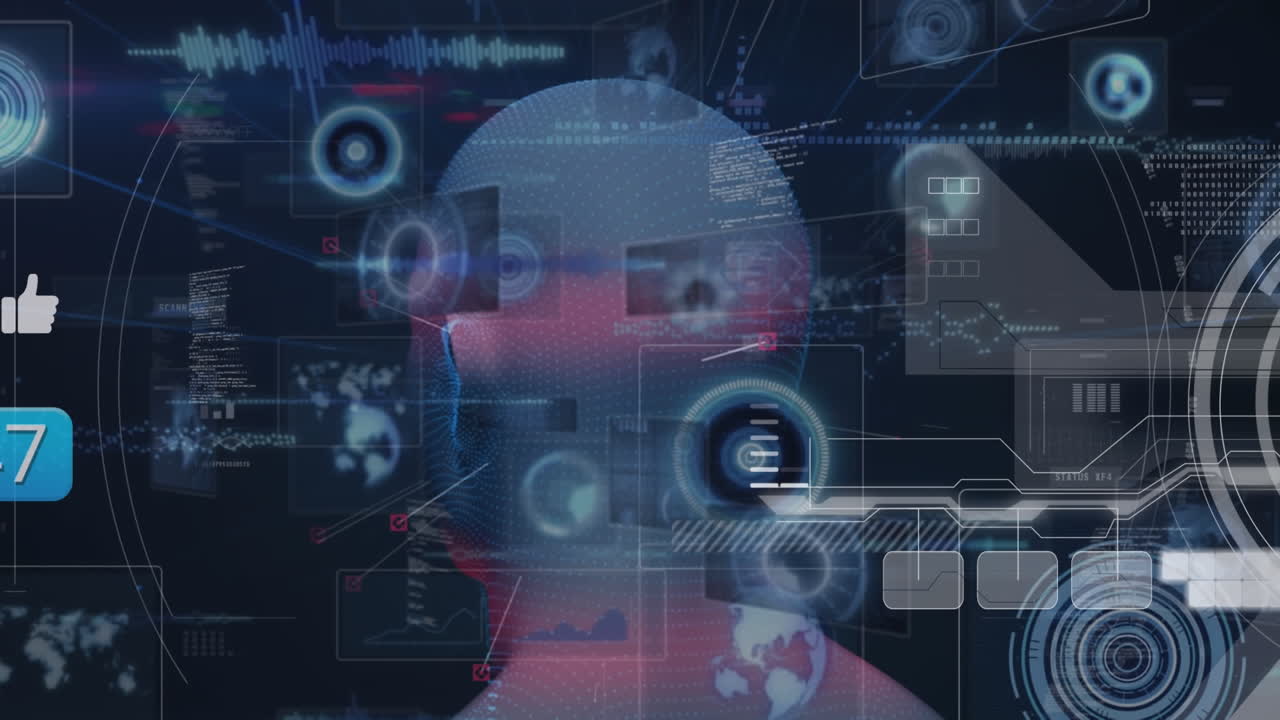 animación de la interfaz con procesamiento de datos sobre el modelo de cabeza humana girando contra un fondo azul
