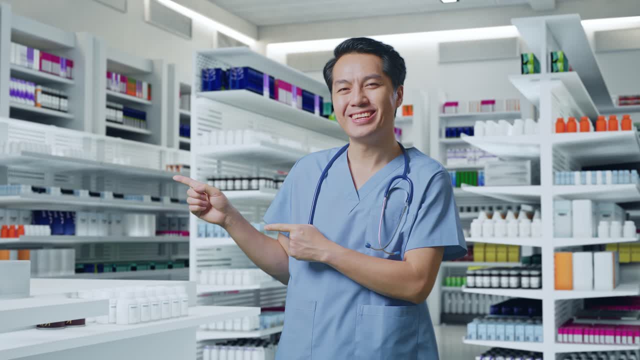 스테토스코프를 들고 웃으며 약국 을 가리키는 아시아 남성 의사