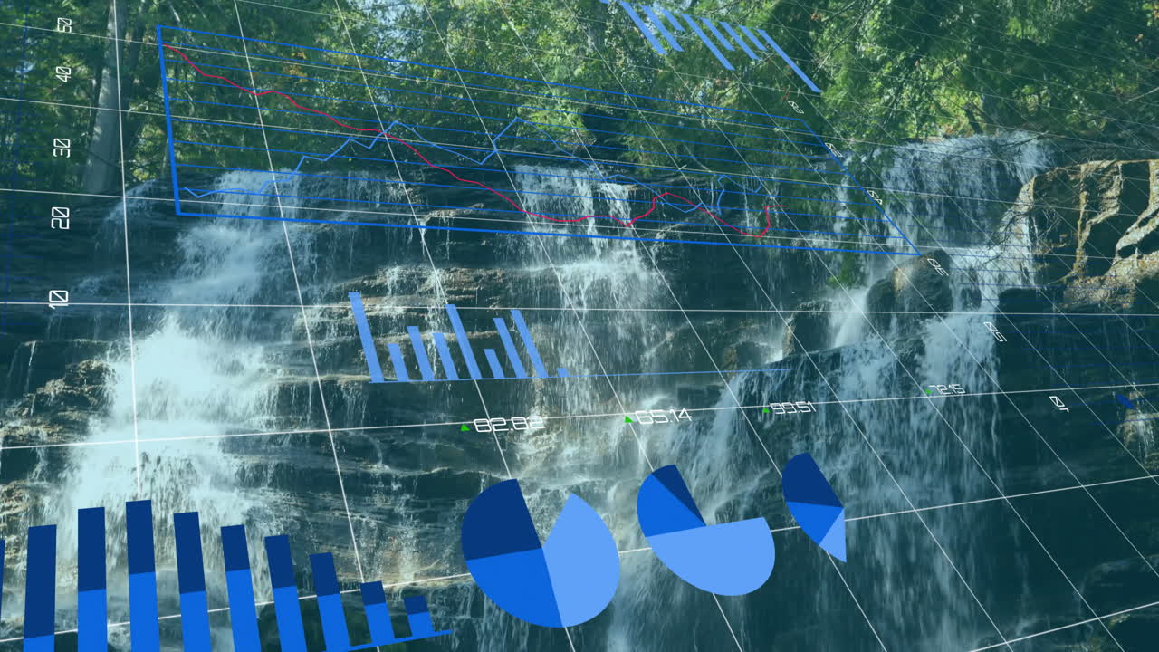 Overlaying graphs and charts, animation blending with waterfall in nature scene