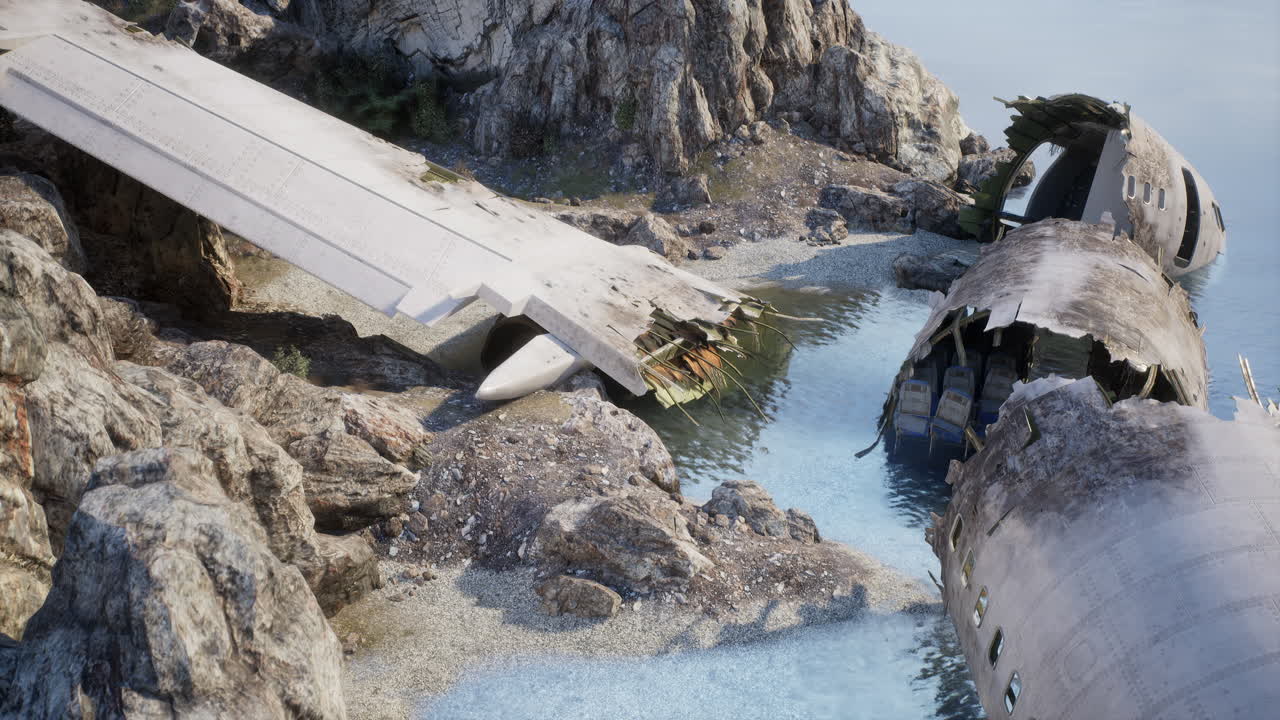 바위 가 있는 해안선 에 있는 비행기 잔해