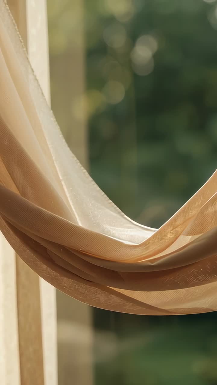 Vertikal video: Beige gardin som svaier og løfter seg lett i en lett bris ved vinduet, bokeh
