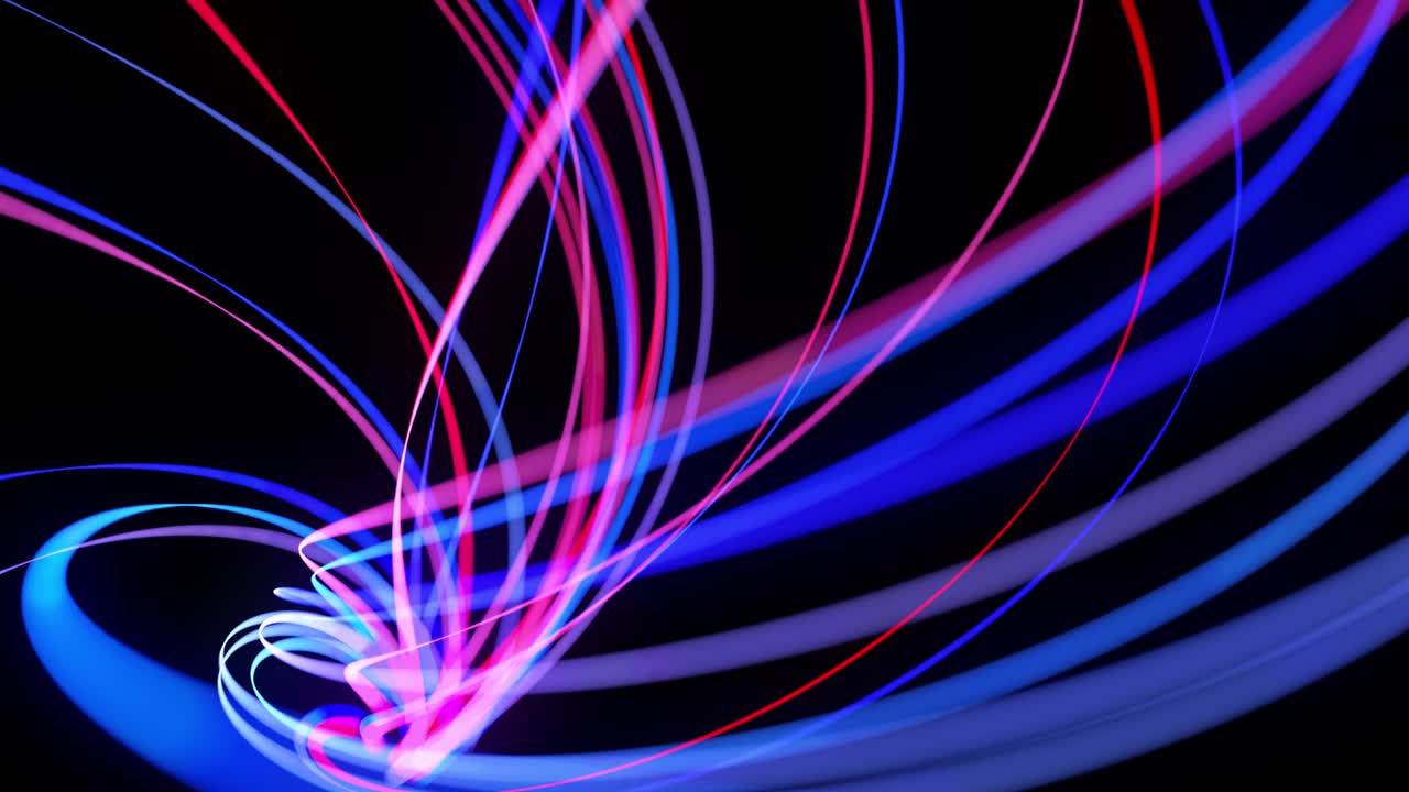 Light flow bg in 4k. Abstract looped background with light trails, stream of red blue neon lines in space move to form looped spiral shapes. Modern trendy motion design background. Light effect,