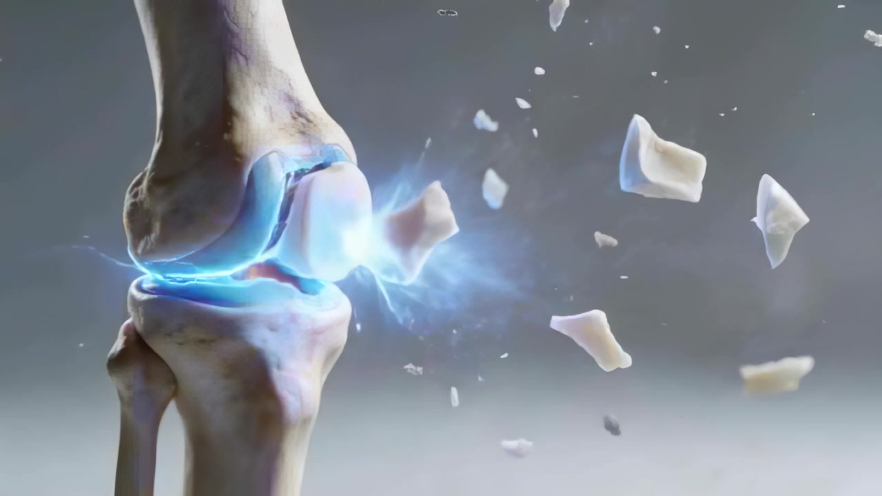 Emitting blue pulses, left knee joint femur tibia patella fragmenting cartilage shards rightward